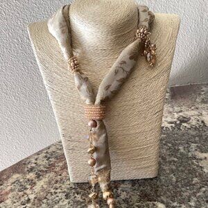 Chico's 30" gold brocade scarf necklace 4" beaded tassel shimmery accents